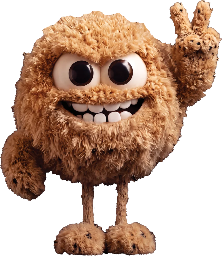 The Doich mascot, a fuzzy cookie-dough creature, throwing a peace sign